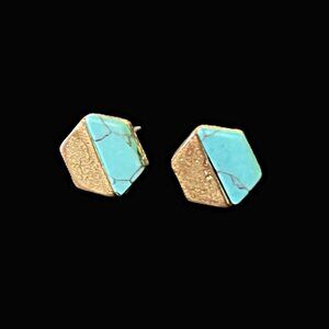 Stud Earrings Women's One Size Faux Turquoise & Golden Metal Hexagon Shaped